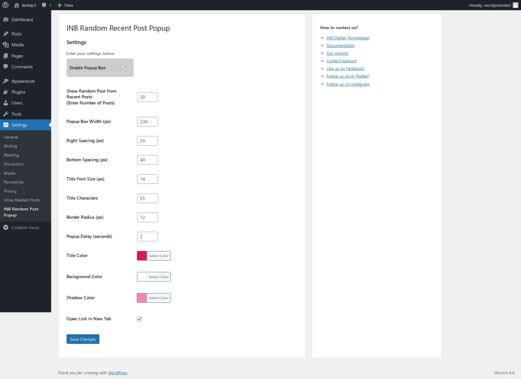 INB Random Post Popup Plugin Dashboard