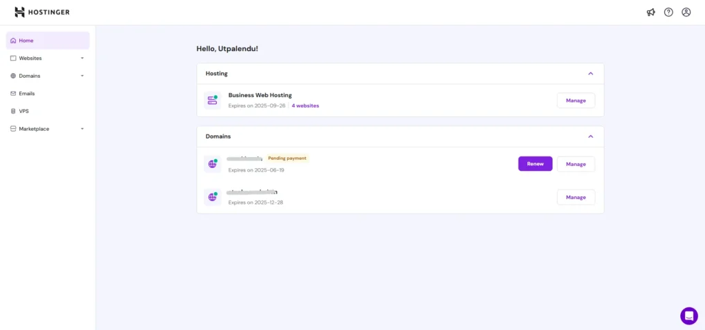 Hostinger hPanel Dashboard