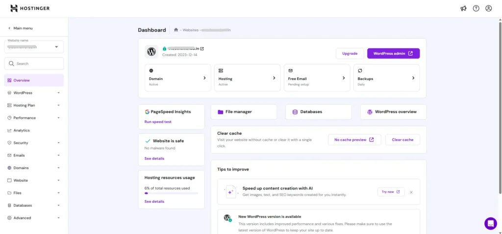 Hostinger hPanel Dashboard
