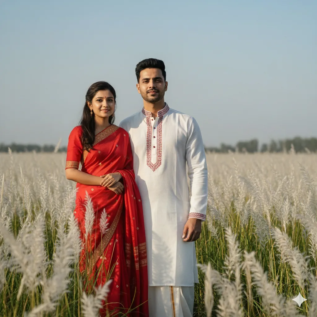 Man & Woman in Festive Outfits with Catkin Field