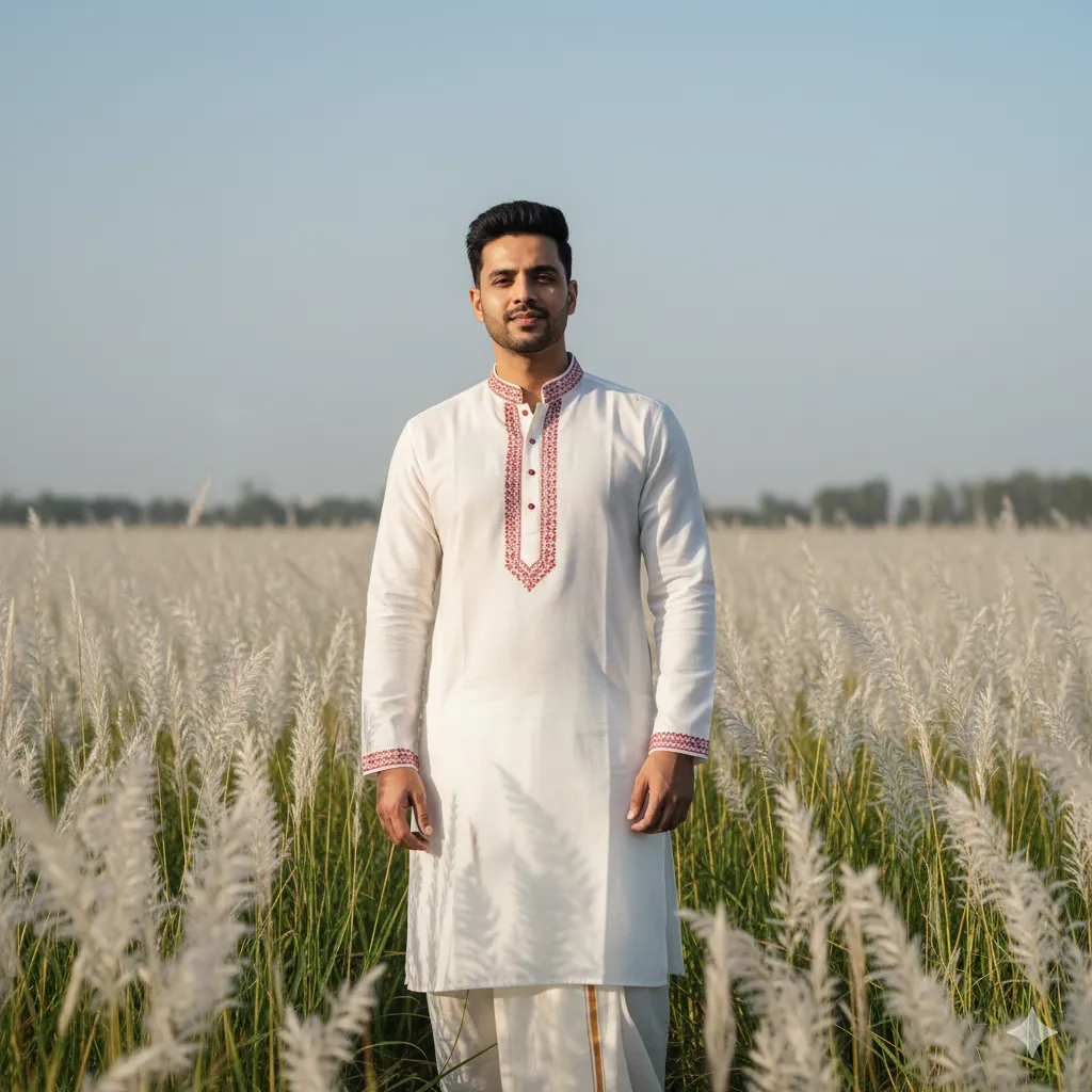 White Kurta with Catkin Field & Golden Light