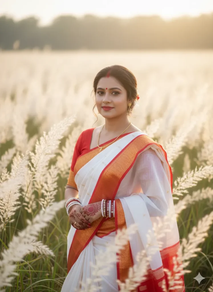 Women – Red & White Saree with Catkin Field