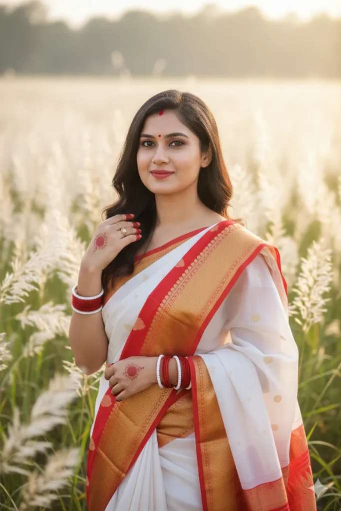 Women – Red & White Saree with Catkin Field