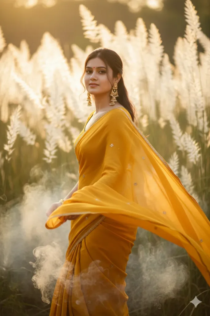 Women – Yellow Saree with Dhunuchi Mood and Catkin Backdrop