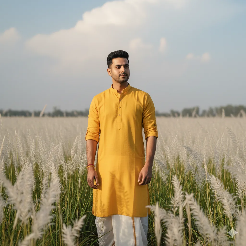 Yellow Kurta with Dhoti in a Field of Catkin Flowers