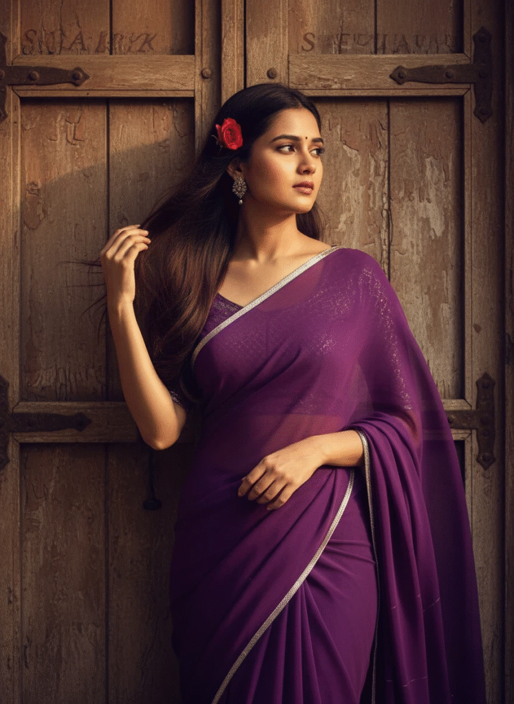 gemini nano ai saree edits Purple Saree with Vintage Wooden Door