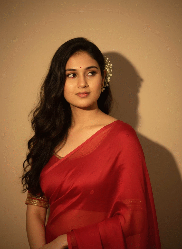 gemini nano ai saree edits Romantic Red Saree with Golden Wall Shadow
