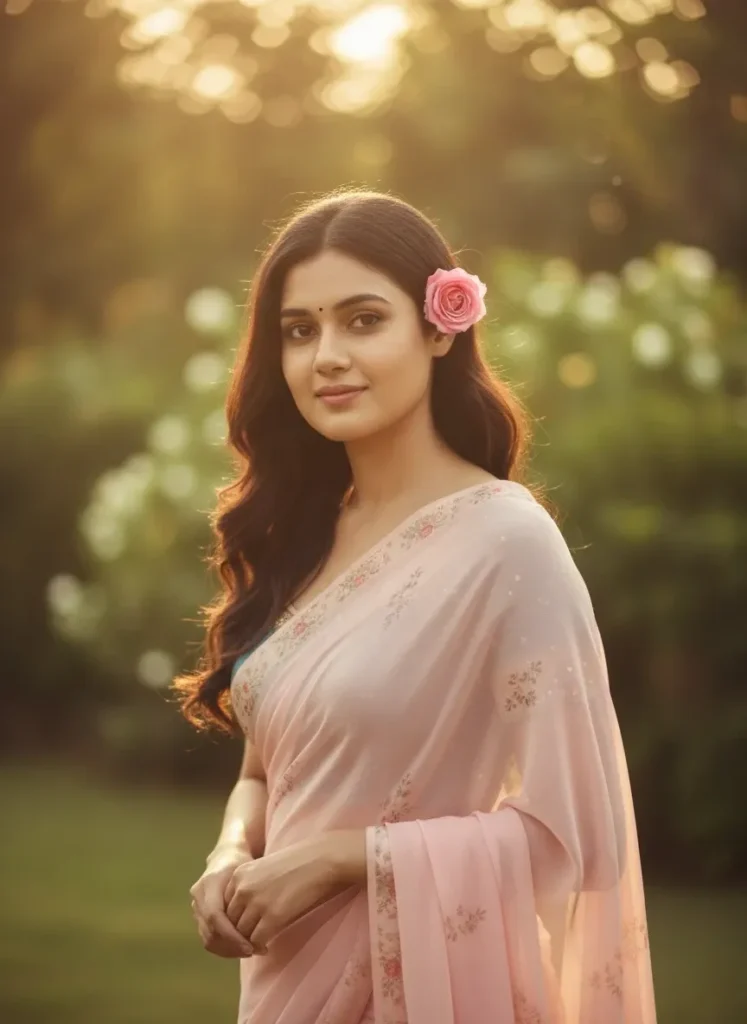 gemini nano ai saree edits Soft Pink Saree with Garden Background